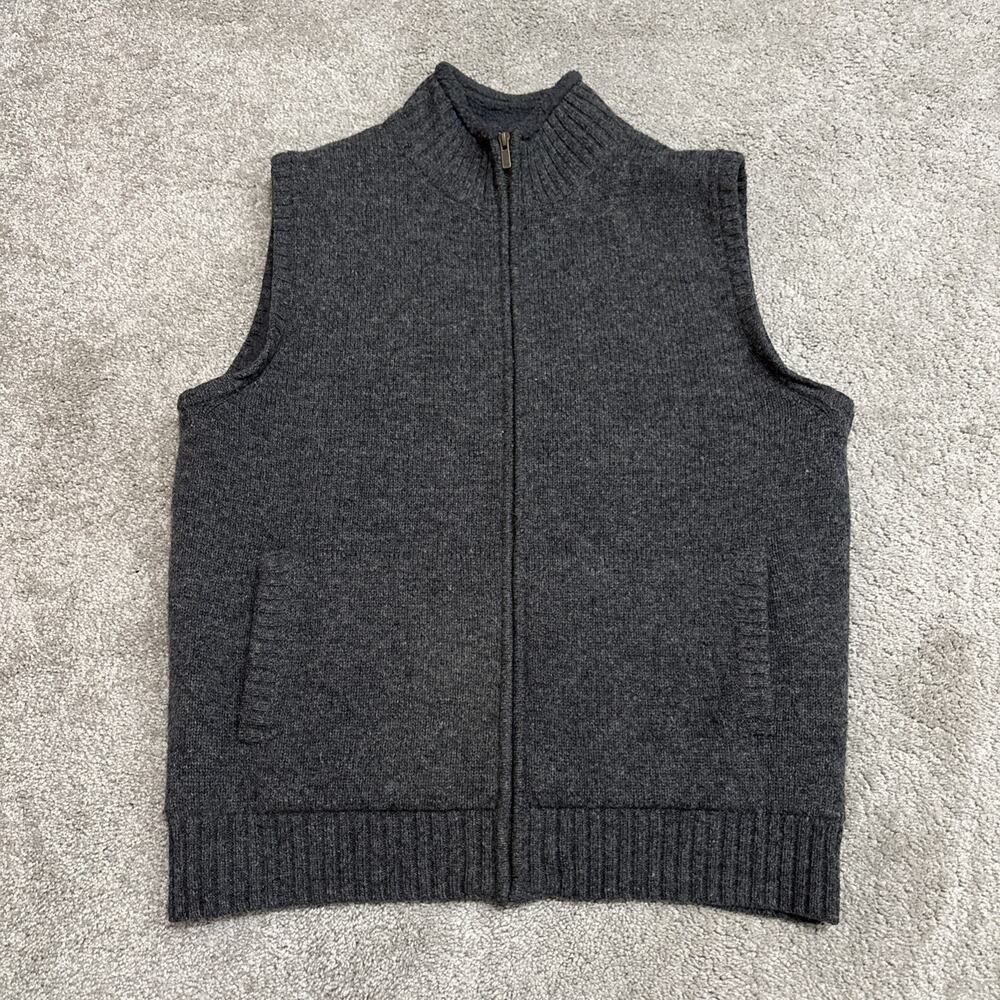 LL Bean Lambs Wool Sweater Vest Mens Medium Full Zip Sherpa Fleece Lined Gray